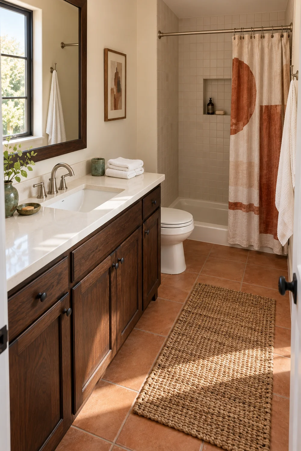 High view of a clay tiled bathroom with walnut vanity and clear floor route