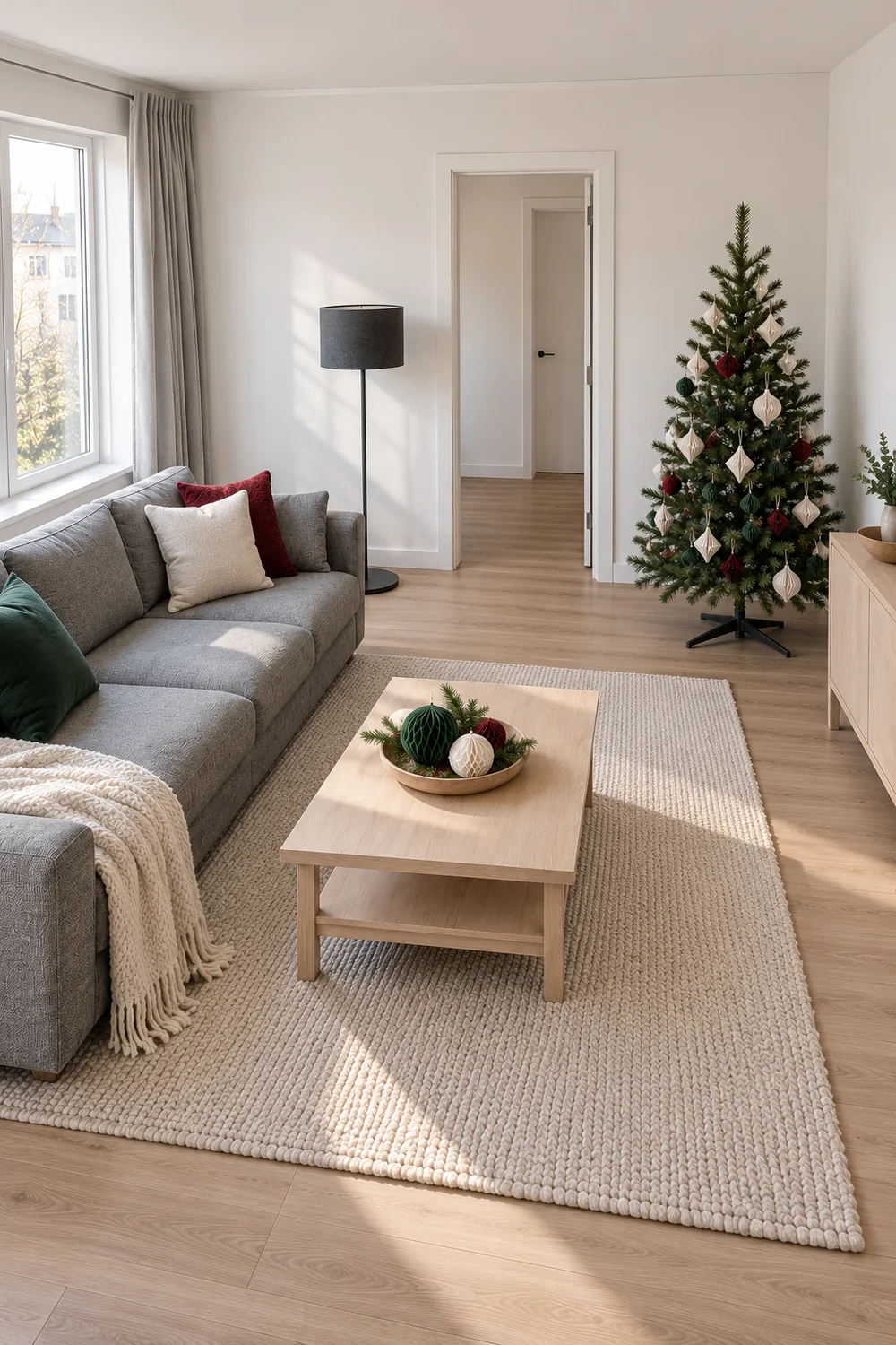 High view of a grey sofa and side Christmas tree with clear floor space