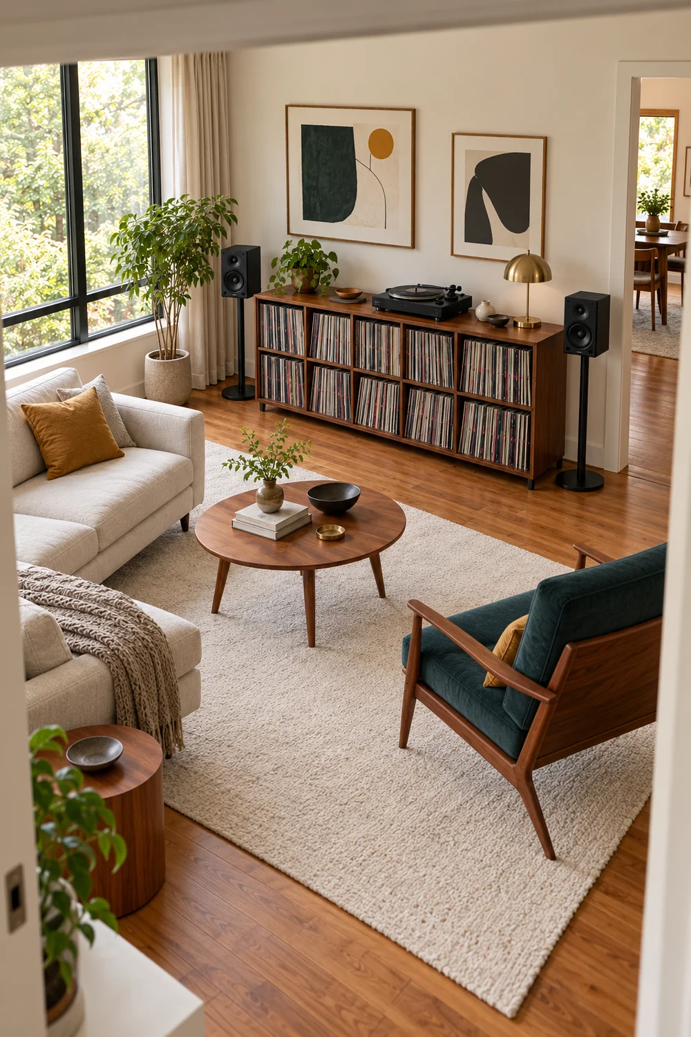 High view of a walnut record wall facing cream seating and a petrol chair