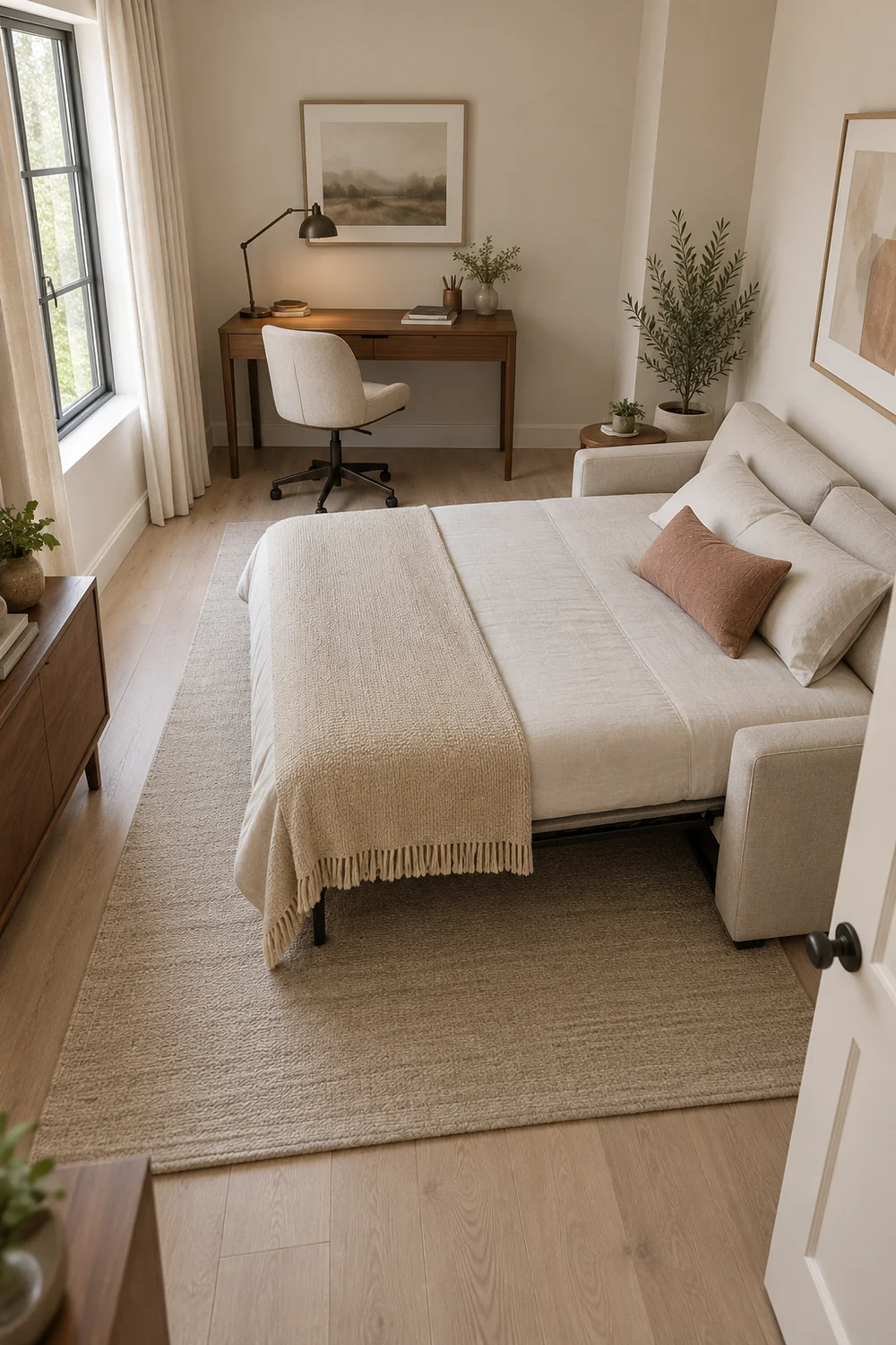 High view of an open guest bed with a parked office chair at the walnut desk