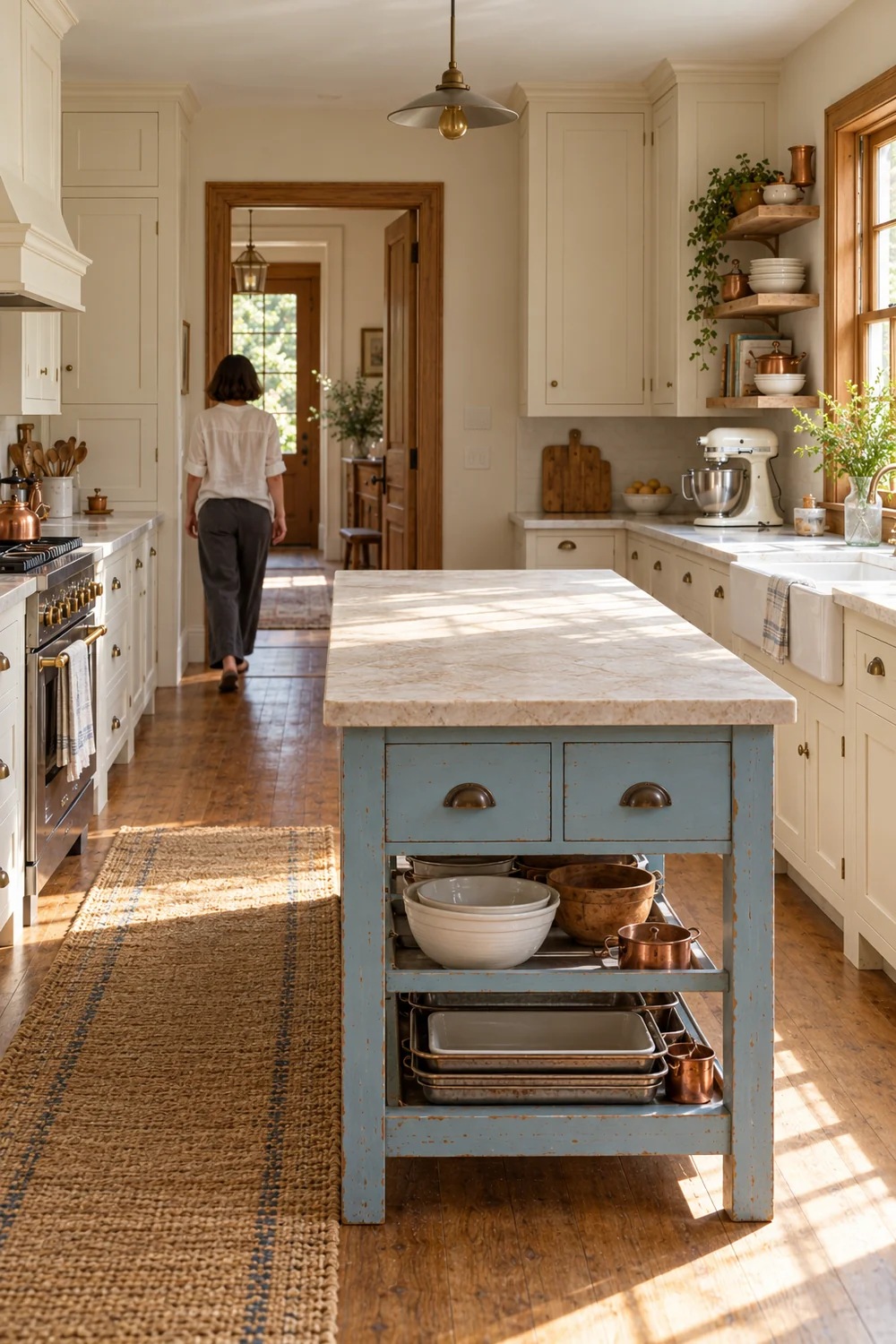Home baker leaving a clear blue work table in an ivory kitchen