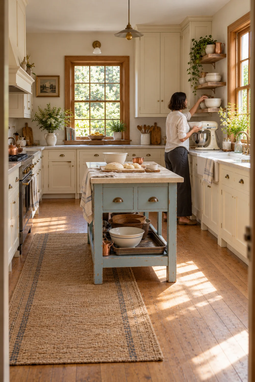 Home baker reaching for a white bowl on an oak kitchen shelf
