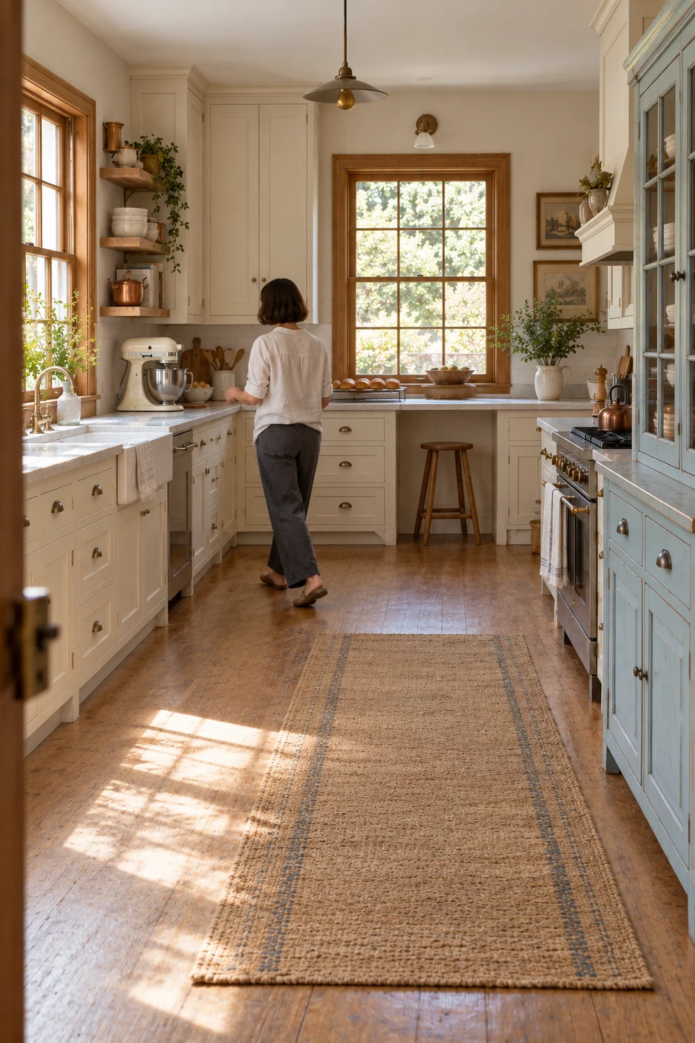 Home baker walking toward a clear counter beside a closed blue cupboard