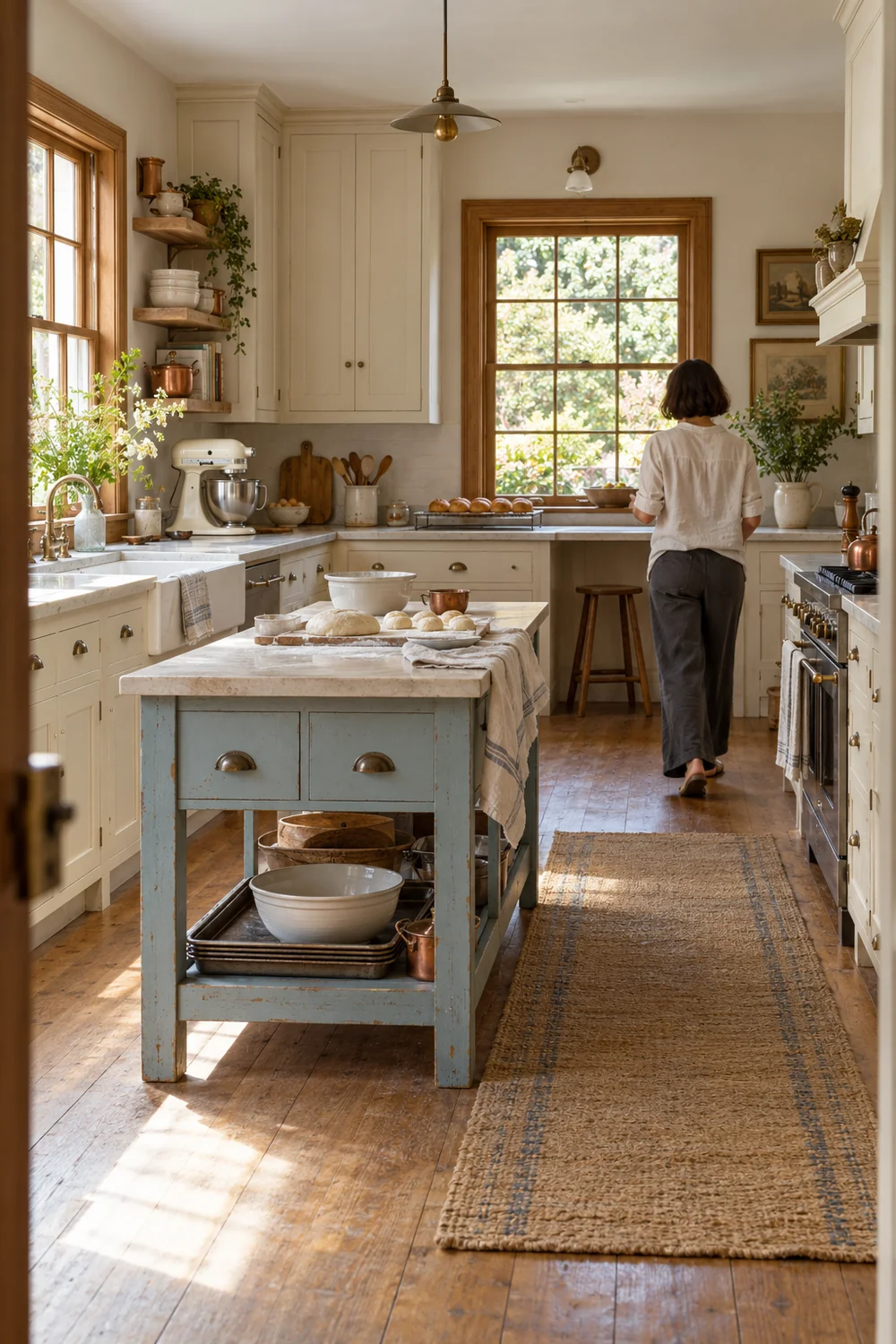 Home baker walking toward the rear counter beside a blue baking table