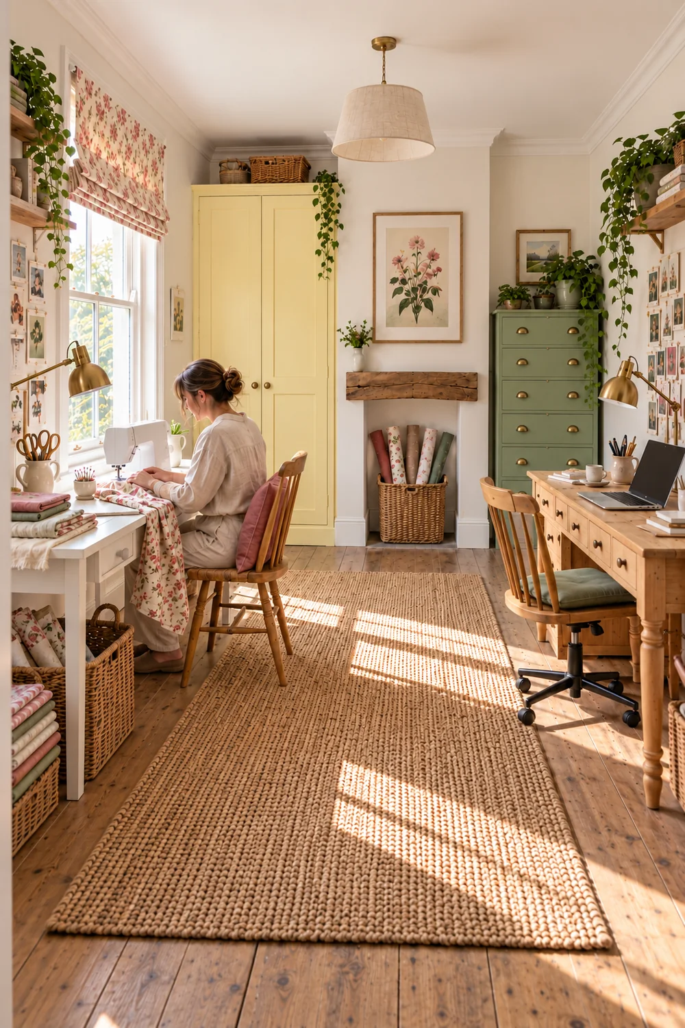 Home sewist handling floral fabric beside a window in a shared cottage office