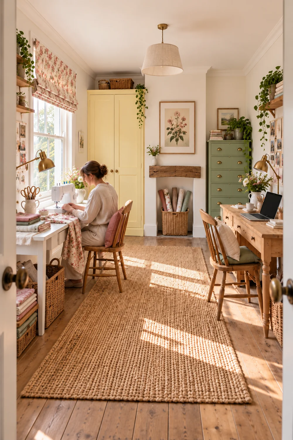 Home sewist working beside a window in a cottage sewing office