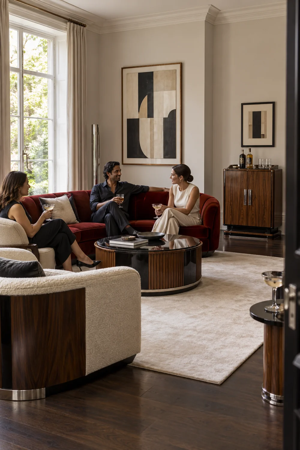 Host and two friends seated in a red and walnut Art Deco living room