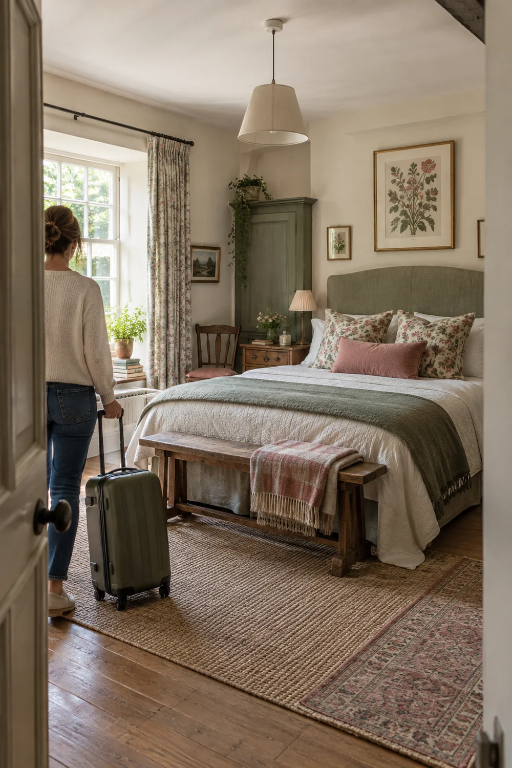 Host carrying a suitcase into a compact English country guest bedroom