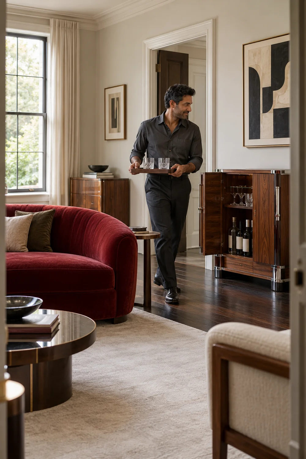 Host carrying two empty tumblers on a tray away from an open cabinet