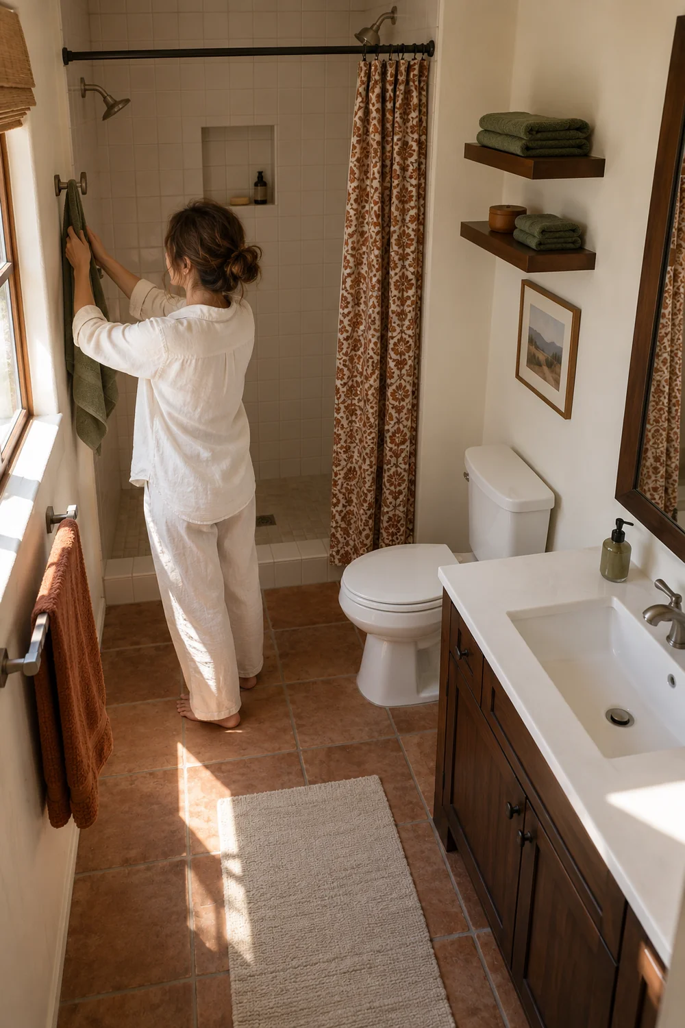 Host hanging a green towel in a bathroom with rust curtain and clay tiled floor