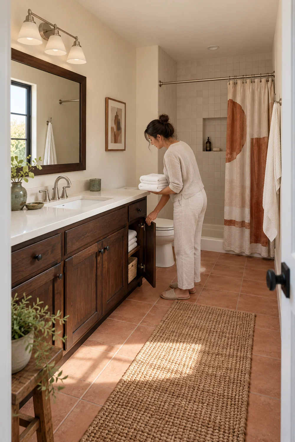 Host holding white towels beside an open walnut bathroom cupboard