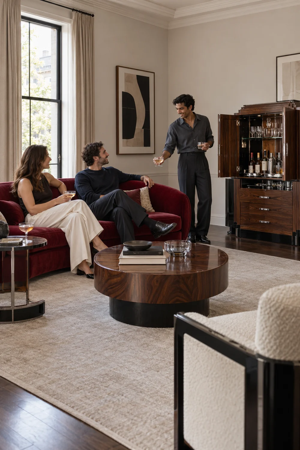 Host offering a glass to friends seated beside an open walnut cabinet