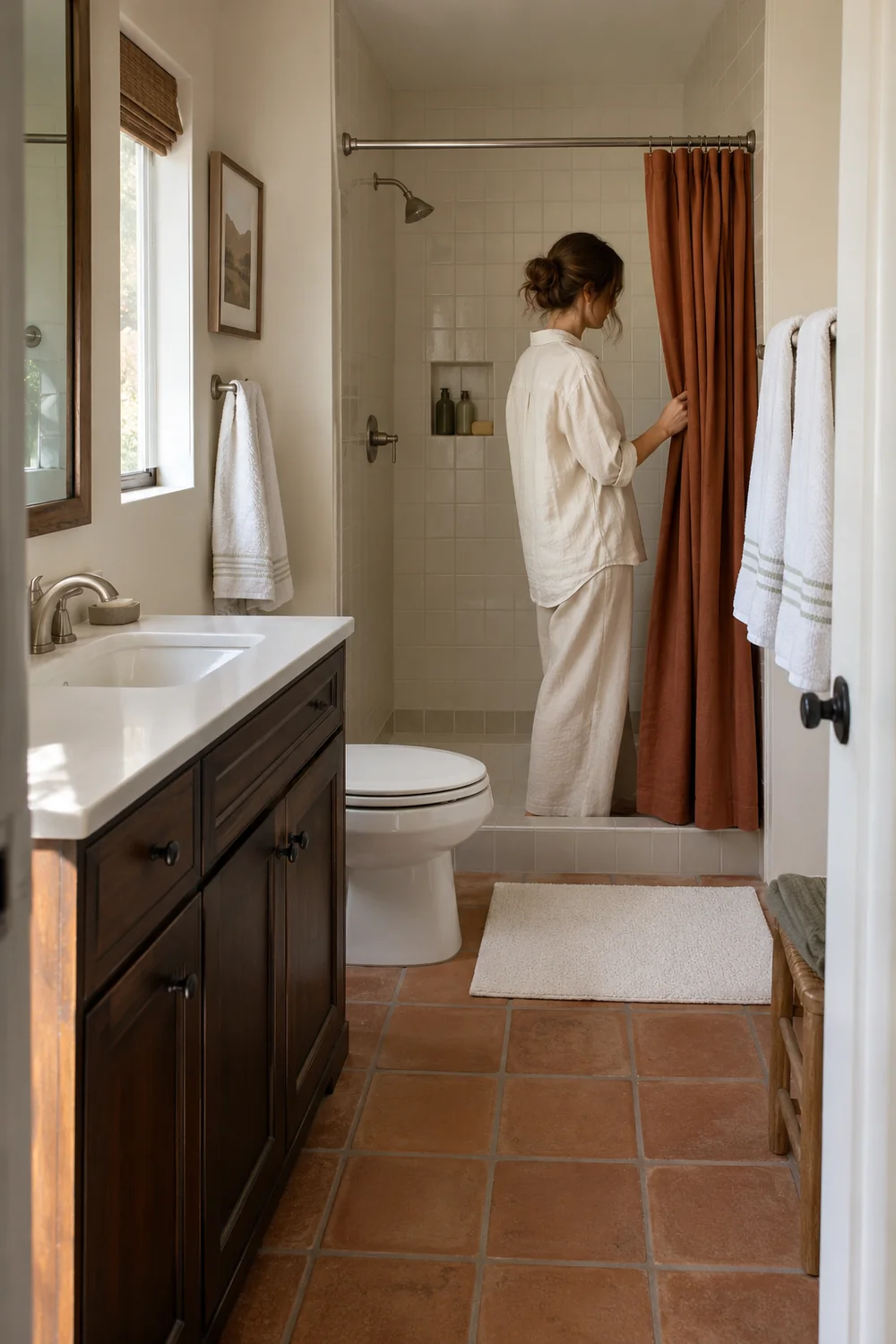 Host opening a rust shower curtain in a guest bathroom with walnut vanity