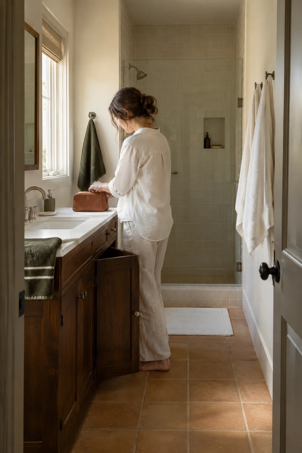 Host placing a wash bag beside a white basin above an open walnut vanity