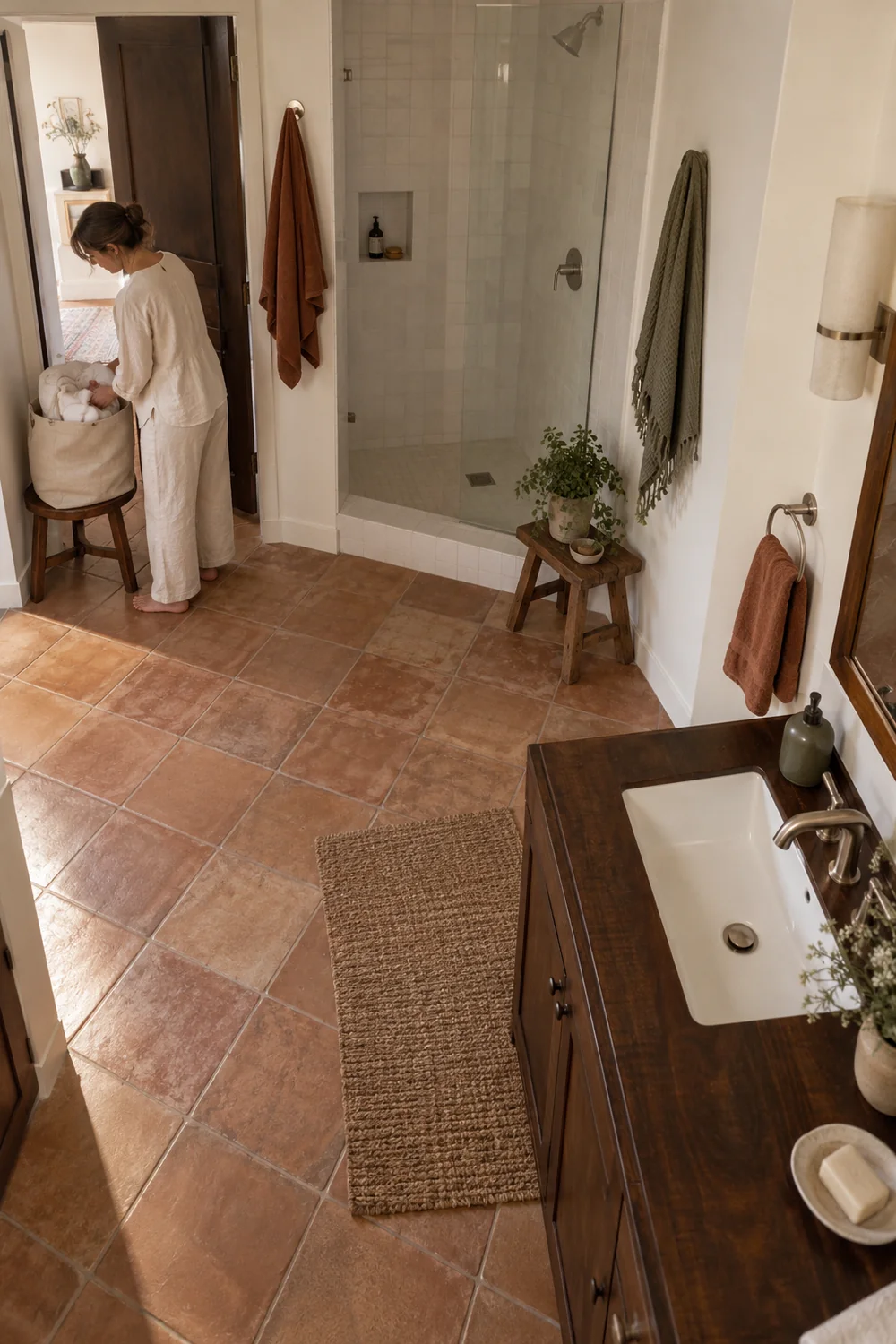Host placing white towels in a canvas laundry bag beside a clear bathroom floor