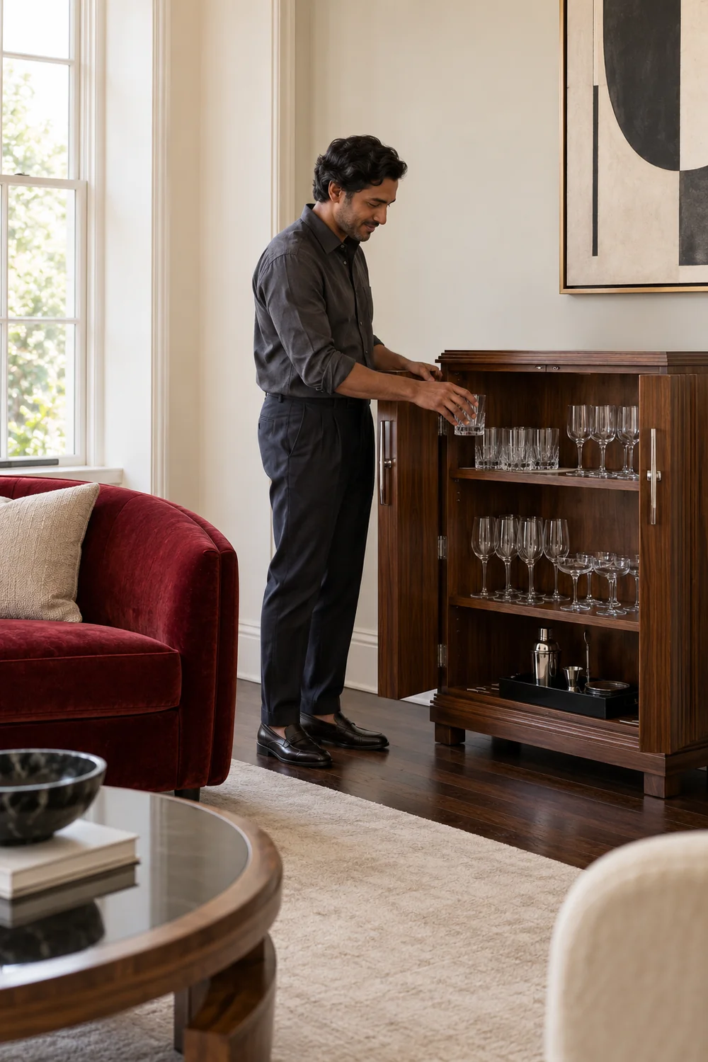 Host returning a clean tumbler to grouped glasses in a walnut cabinet