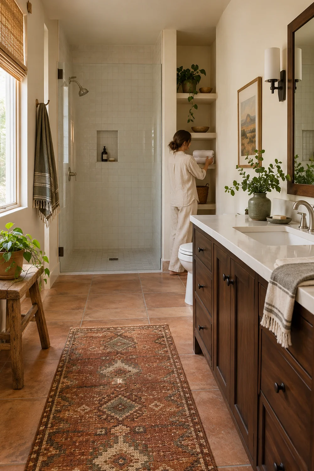 Host returning white towels to dry shelves beside a walnut vanity and clay floor