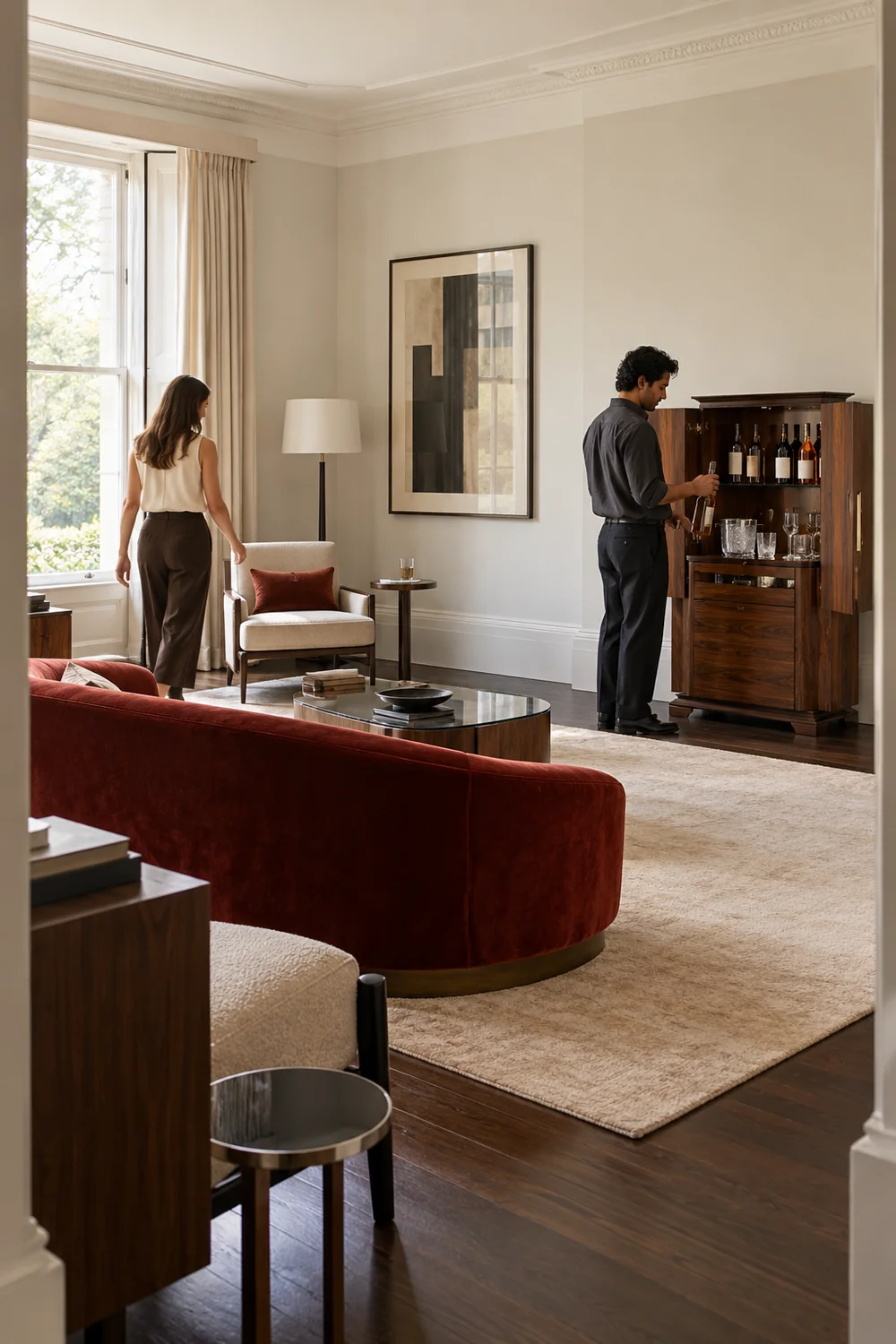 Host standing at a walnut cabinet while a friend walks towards a chair