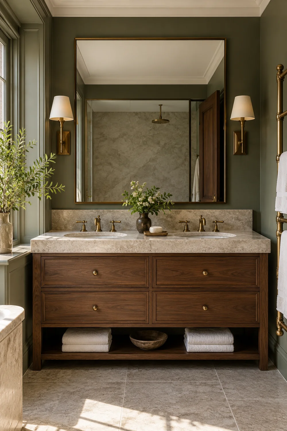 Hotel bathroom mirror and uncluttered limestone washstand in daylight