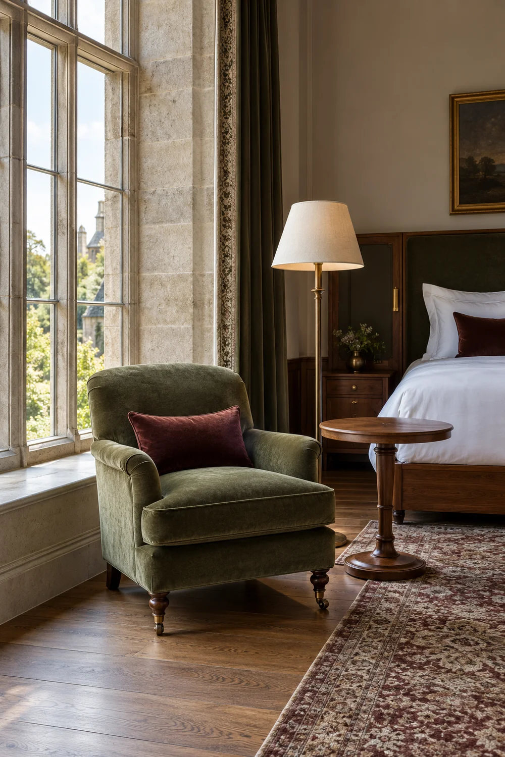 Hotel bedroom sitting area with a shaded lamp and space beside the chair