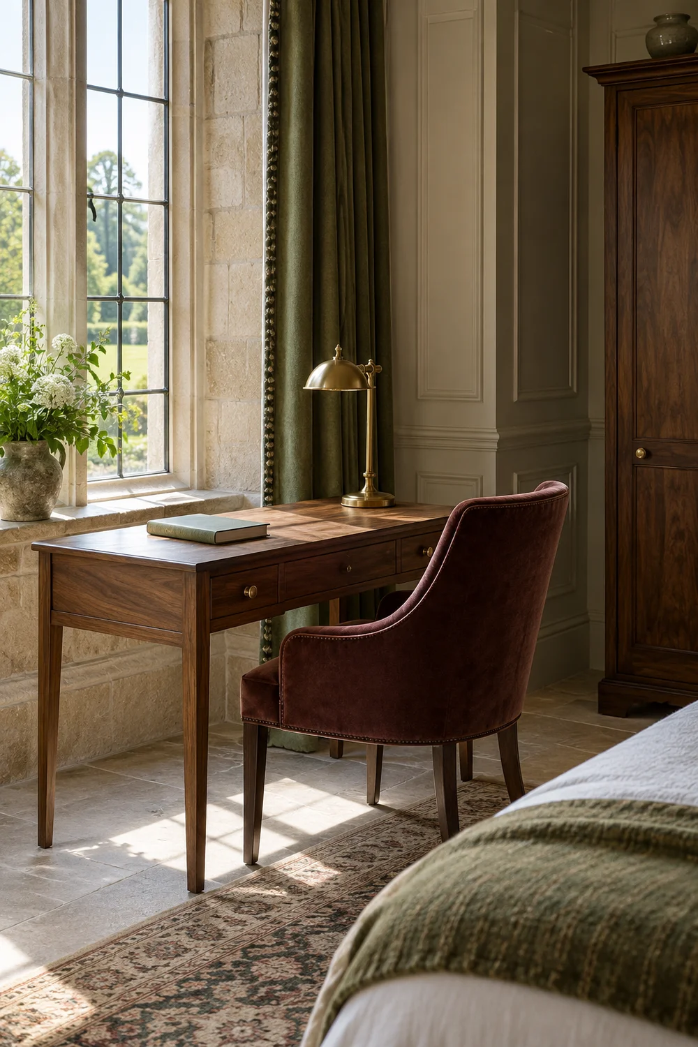 Hotel desk with a clear working surface and a shaded brass lamp