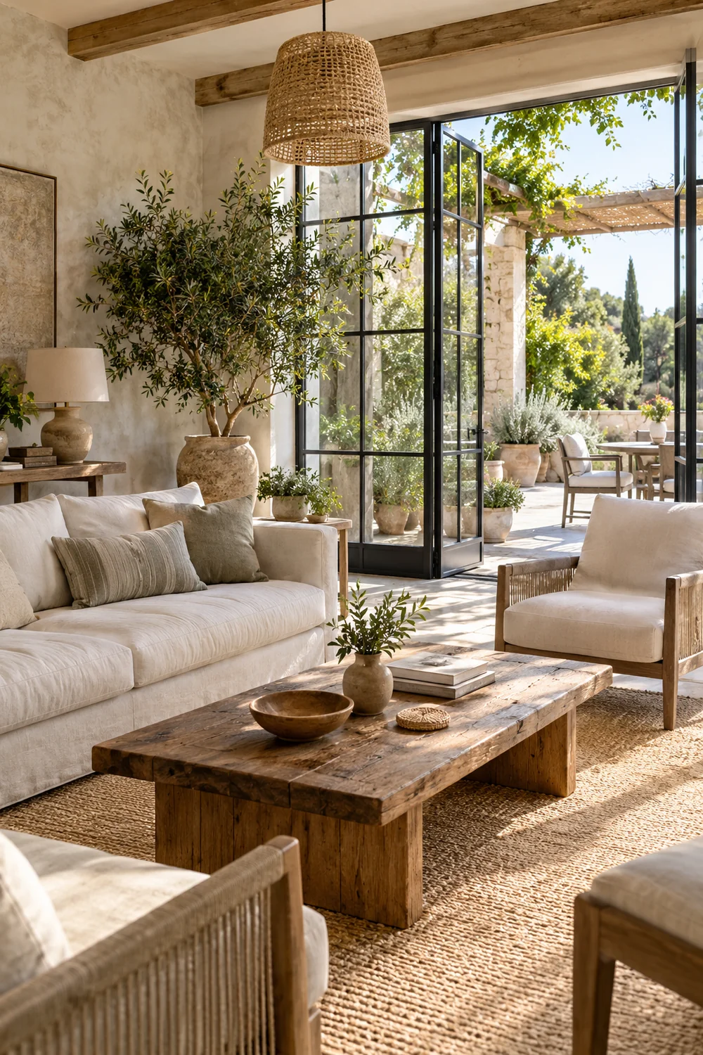 Hotel garden lounge with linen seating opening onto a shared terrace