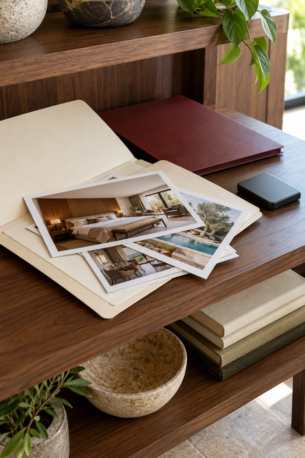 Hotel photographs in an open cream folder beside an oxblood folder and portable drive