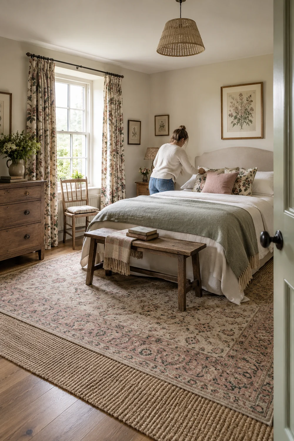 Householder making a guest bed with plain linen after the furniture is placed