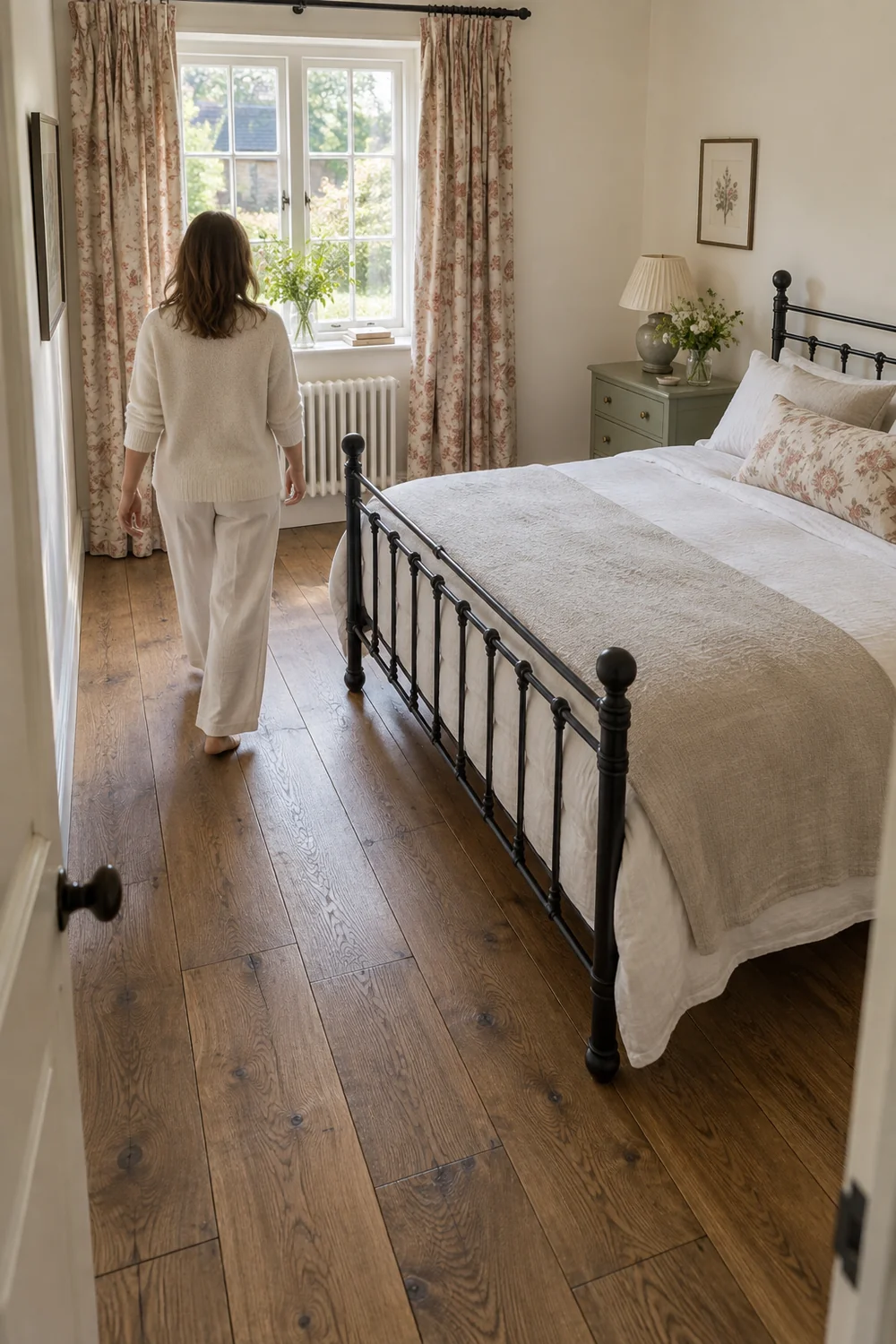 Householder walking through a clear route beside the iron guest bed