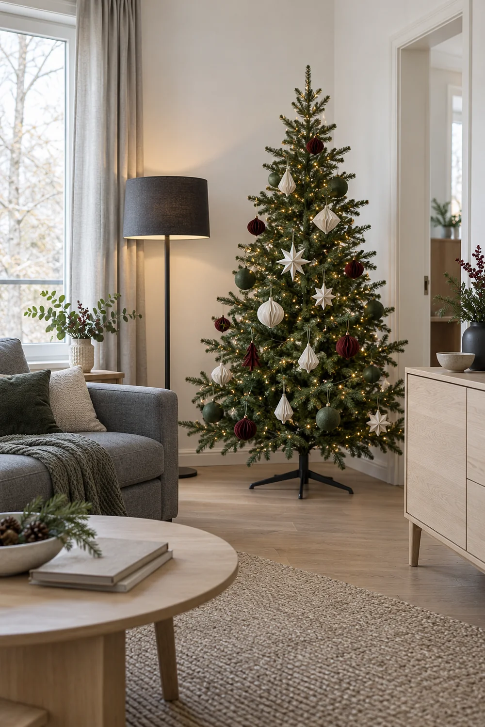 Illuminated Christmas tree beside grey seating and a charcoal lamp