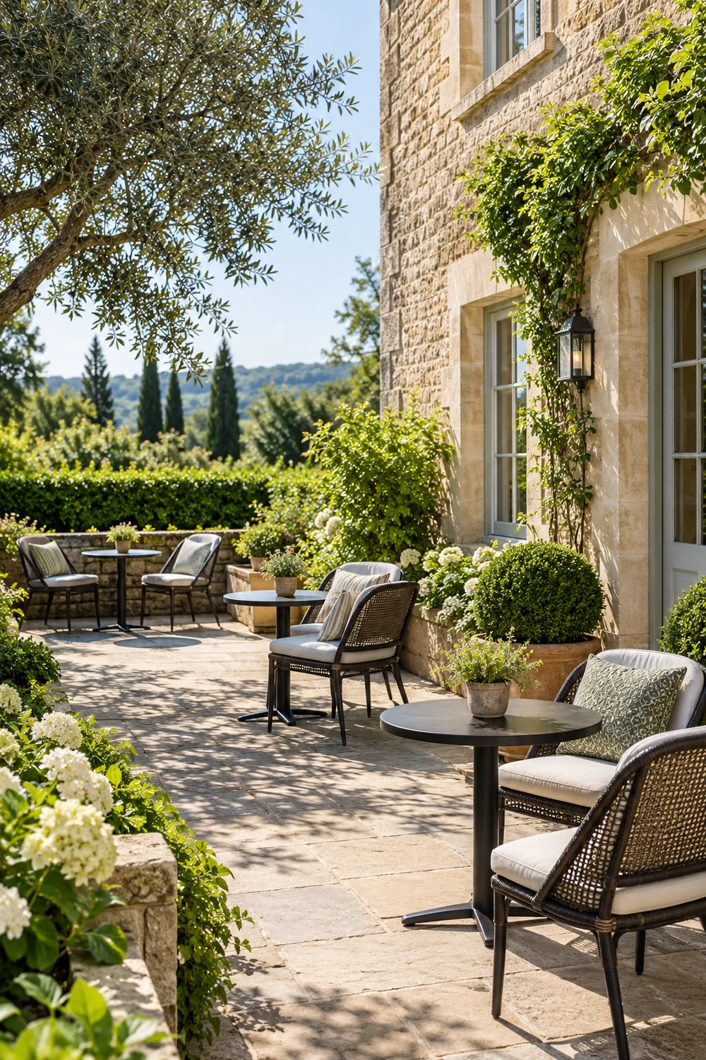 Individual tables and woven chairs along a planted stone terrace