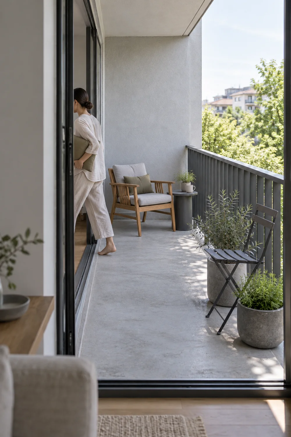 Inhabitant carrying a cushion indoors beside a graphite balcony chair