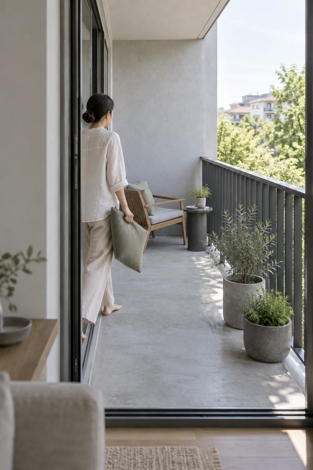 Inhabitant carrying an olive cushion through a sliding balcony doorway