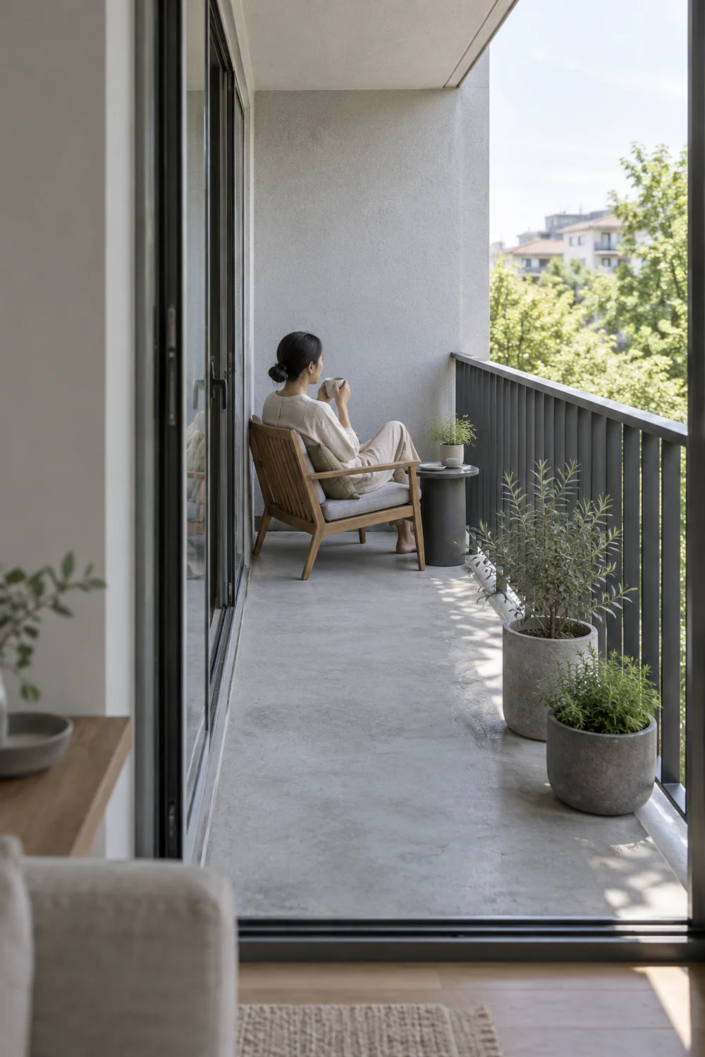 Inhabitant drinking from a cup on a wooden chair beside grey balcony planters
