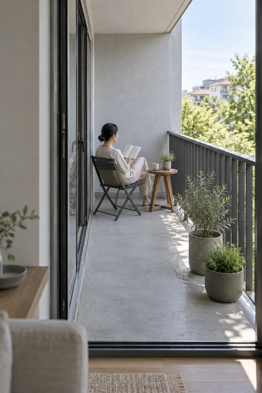 Inhabitant reading in a graphite balcony chair beside a small wooden table