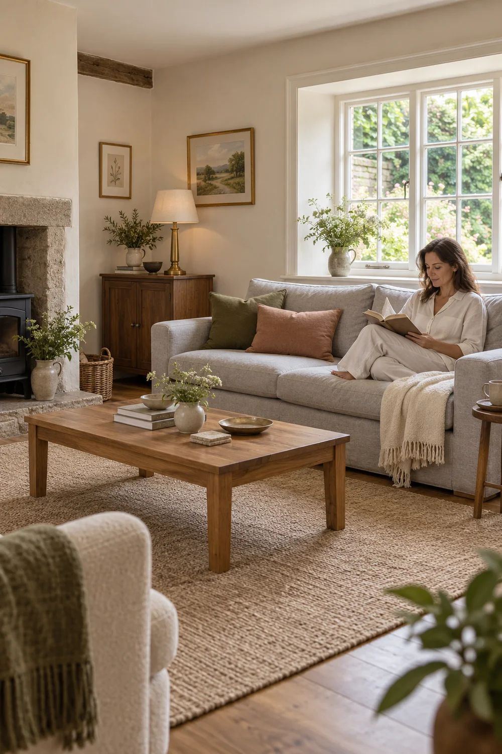 Inhabitant reading on a grey sofa with olive and clay cushions