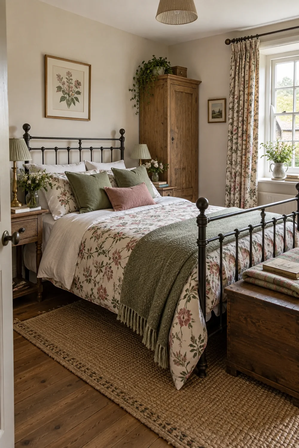 Iron bed floral bedding and aged oak in a furnished English country guest bedroom