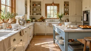 Ivory French country kitchen with a powder blue baking table and cream mixer