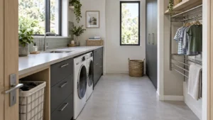 Japandi utility room with charcoal cabinets and a clear passage beside laundry machines
