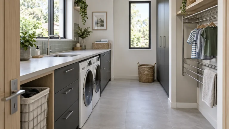 Japandi utility room with charcoal cabinets and a clear passage beside laundry machines