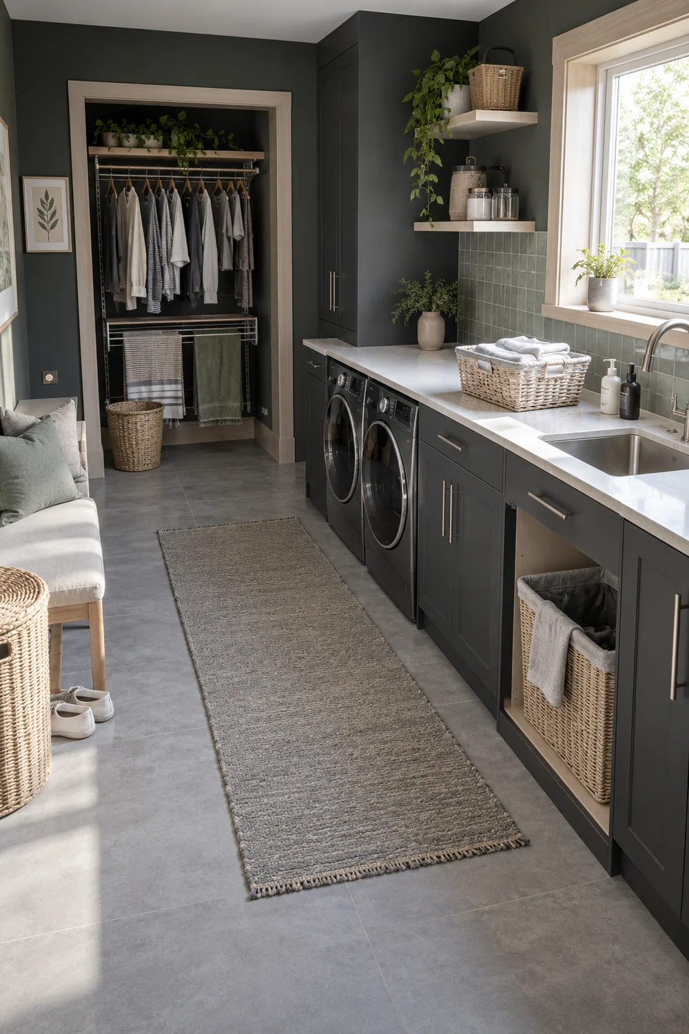 Japandi utility room with laundry machines and a separate recessed drying area
