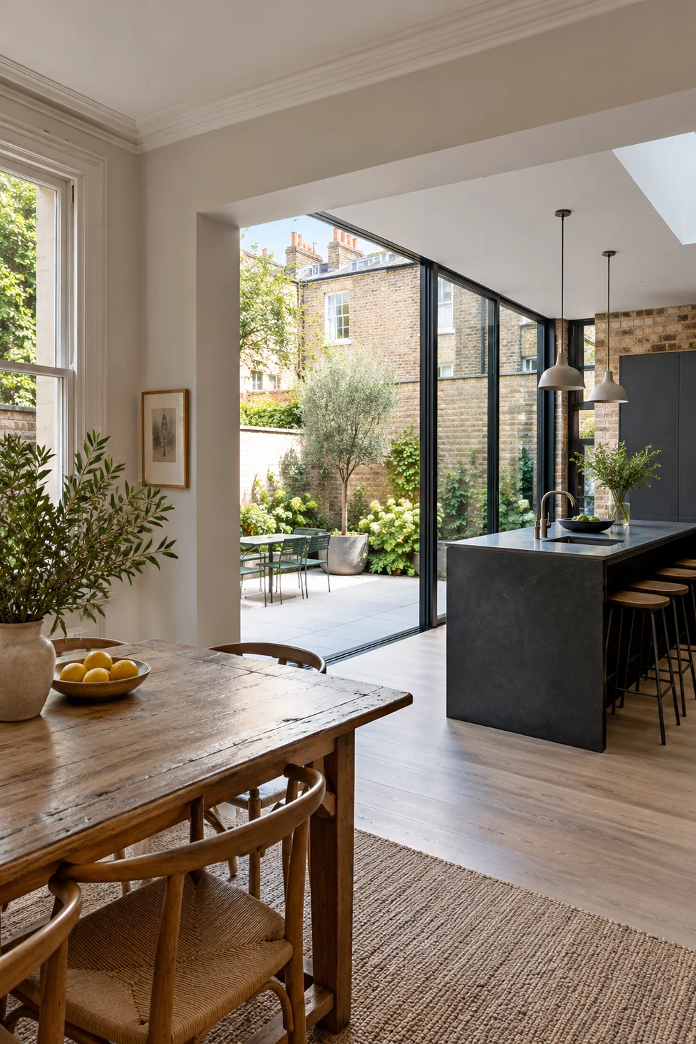 Kitchen extension with dark framed glazing overlooking a courtyard
