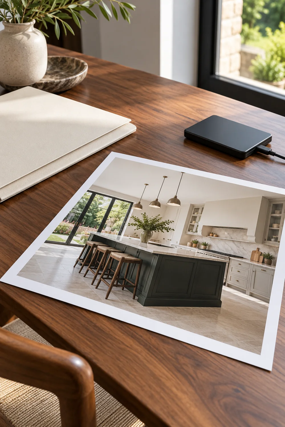 Kitchen photograph beside a portable drive and cream folder