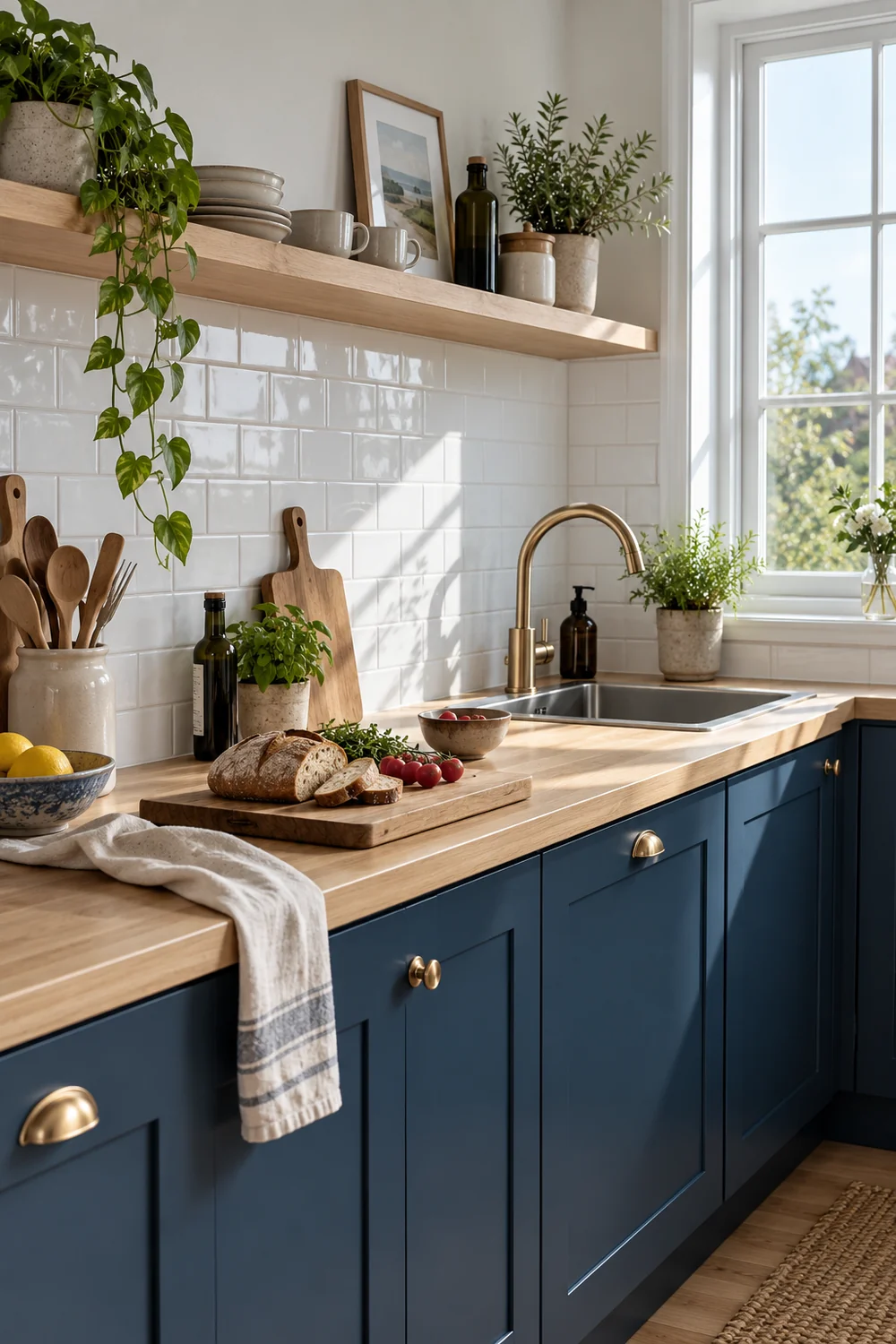 Kitchen sink and wooden worktop above blue cupboards in daylight