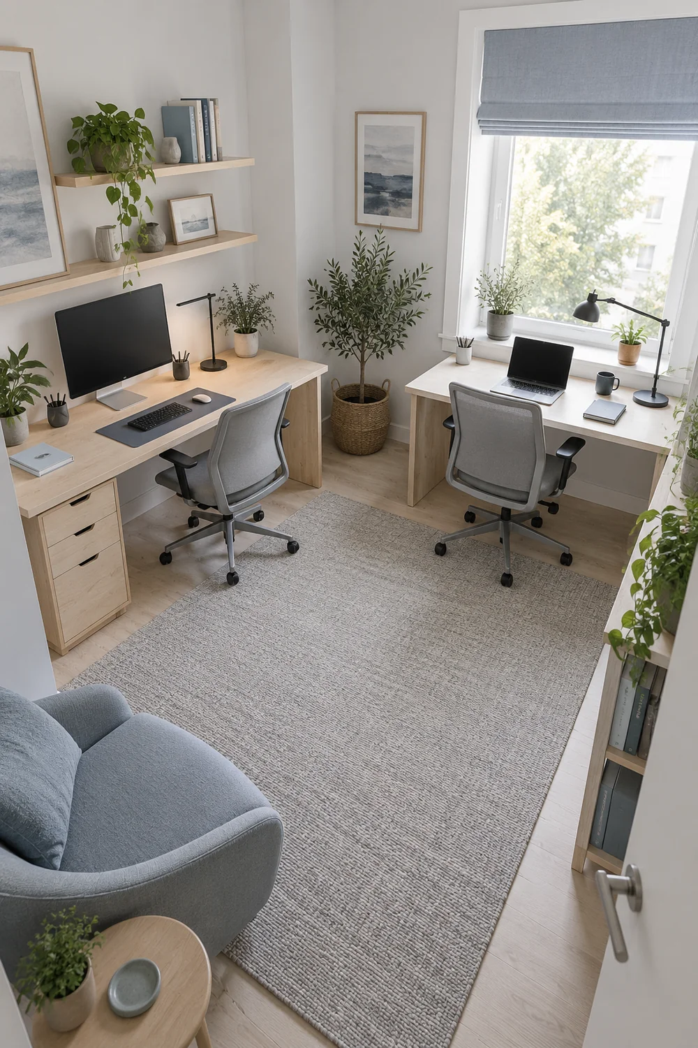L shaped two desk layout in a compact Scandinavian home office