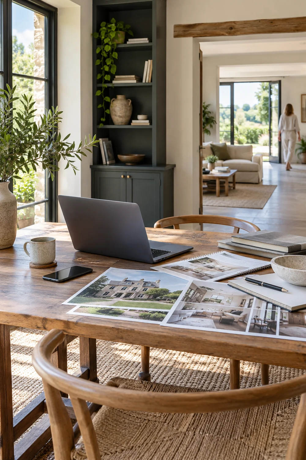 Laptop and property prints on a table with a person in the distant room