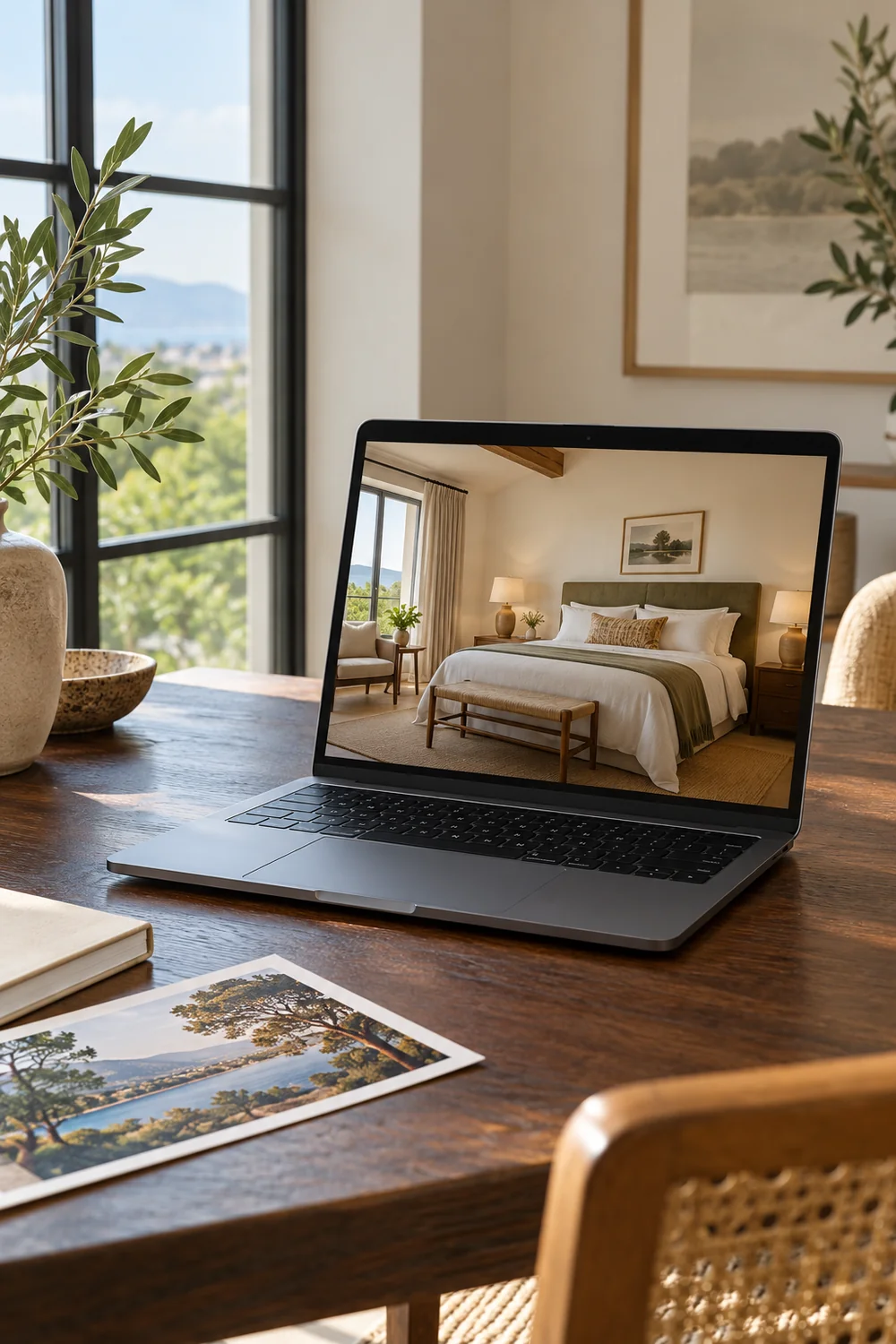 Laptop displaying a hotel bedroom photograph on an oak desk