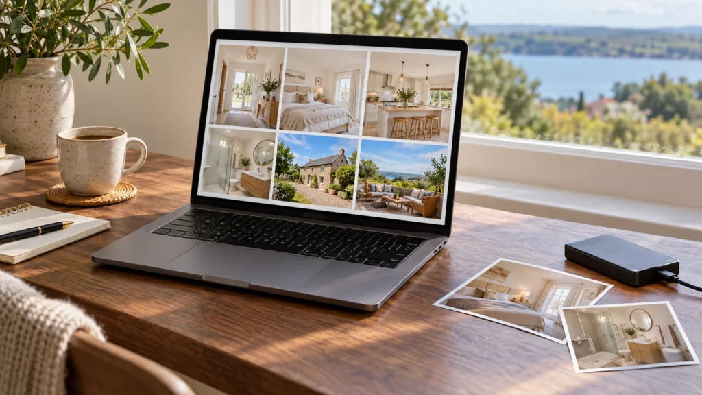 Laptop displaying six different property photographs on a walnut desk
