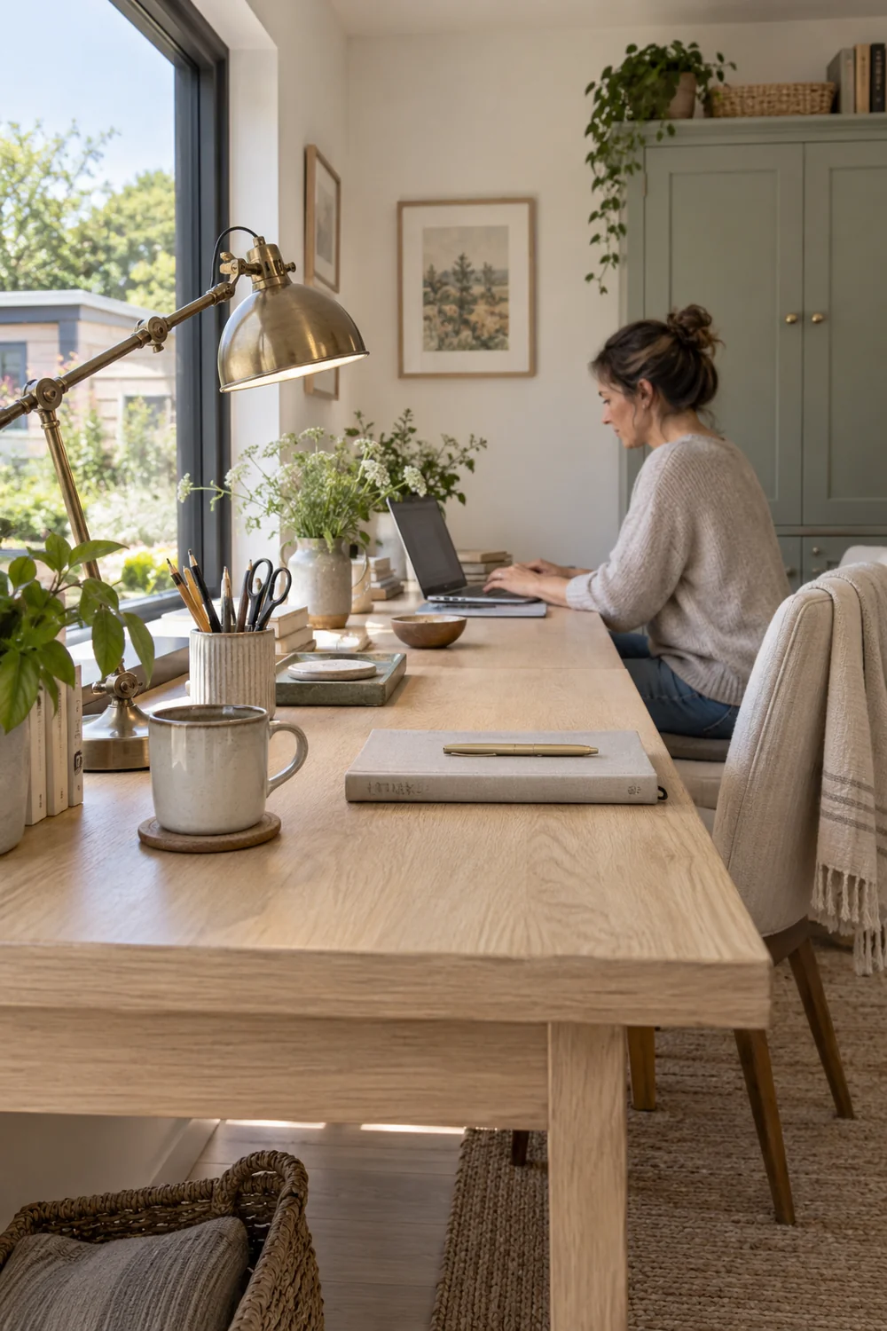 Laptop notebook and task lamp laid out across an oak desk