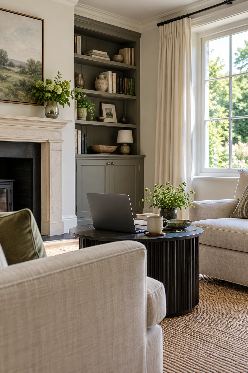Laptop on a dark round table between empty linen chairs